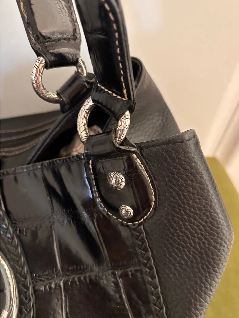 Brighton Black Croc-Accent Shoulder Bag with Silver Buckle